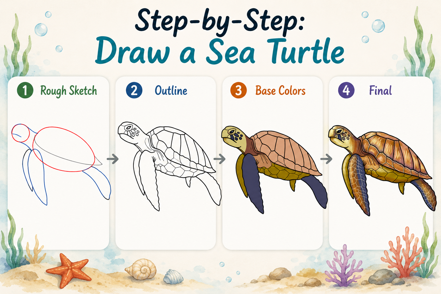 How to draw a sea turtle step-by-step with Drawing Desk