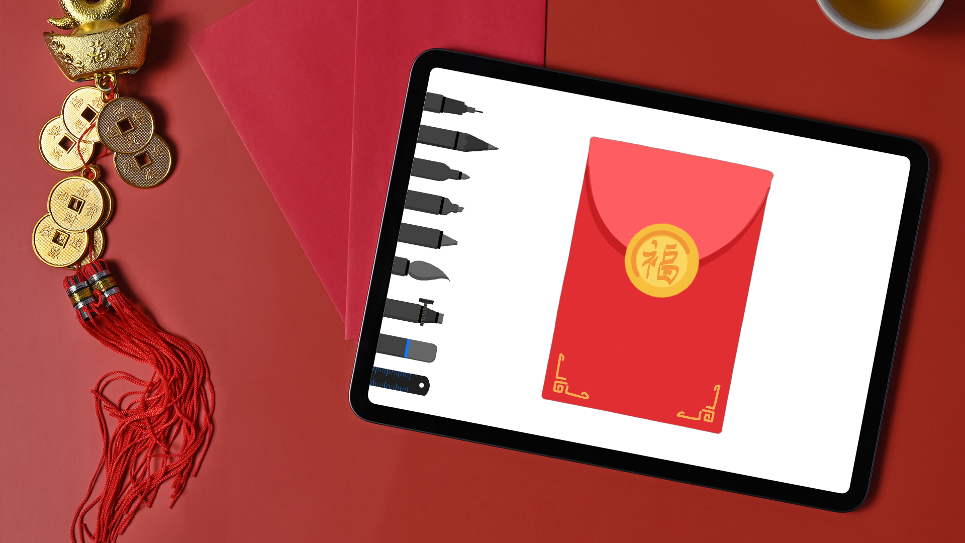 Lección sobre el sobre rojo del escritorio de dibujo